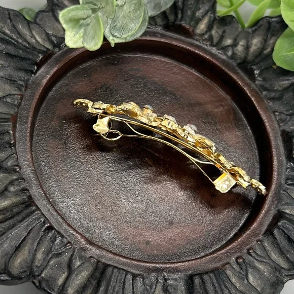 Gold Floral Clear Crystal Hair Clip barrette - Picture 2 of 4